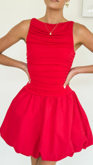 Meera Boat Neck Mini Dress - Red