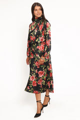 Perrie Long Sleeve Midi Dress - Black Floral