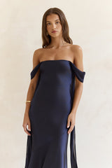 Late Night Dreams Off Shoulder Satin Maxi Dress Navy