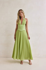 Paradise Falls Plisse Halter Maxi Dress Lime Green