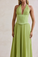 Paradise Falls Plisse Halter Maxi Dress Lime Green