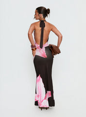 Kanara Halter Plunge Maxi Dress Chocolate / Pink Floral
