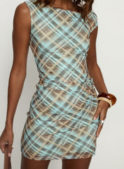 Wandera Off Shoulder Mini Dress Blue Check