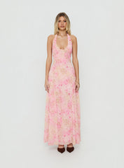 Dandelions Halter Maxi Dress Pink Floral
