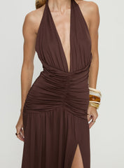 Diona Halter Ruched Maxi Dress Brown