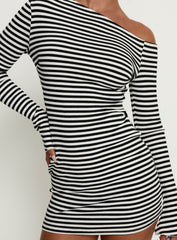 Journi Off Shoulder Long Sleeve Mini Dress Black / White Stripe