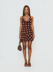 Karolie Halter Plunge Mini Dress Brown / Lilac Polka Dot