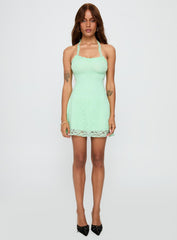 Front Page Halter Lace Mini Dress Aqua