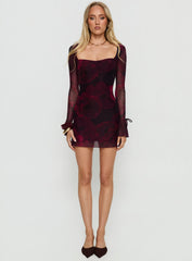 Dalzine Long Sleeve Mini Dress Burgundy Floral