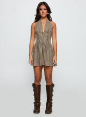 Juanette Halter Mini Dress Brown Check