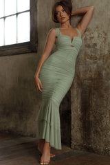 Nadia Ruched Fishtail Maxi Dress Pistachio