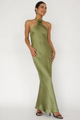 High Roller Flower Decoration Halter Dress Olive