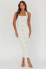 She Is Button Front Halter Midi Dress Tweed White