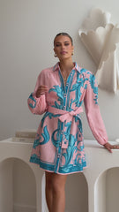 Lucia Long Sleeve Mini Dress - Aqua/Pink Print