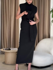 Solid Slit Belted Turtleneck Long Dress