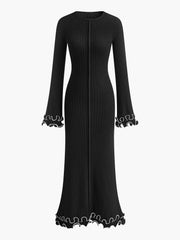 Semi-Sheer Piping Ruffle Drawstring Knit Dress
