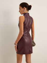 Stand Collar Faux Leather Skinny-Fit Tank Dress