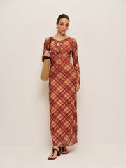 Plaid Tie-Front Long Sleeve Dress