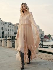 Semi-Sheer Chiffon Layered Dress With Cloak