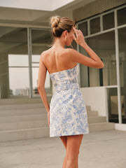 Jacquard Collarless Short Dress With Belt