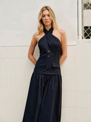 Halter Cross-Over Collar Zipper Decor-Pockets Dress