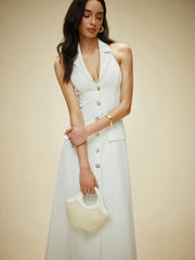 Cotton & Linen Pocket-Detail Halter Neck Tie-Back Dress