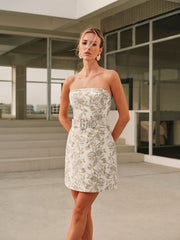 Jacquard Collarless Short Dress With Belt