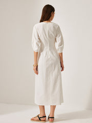 Cotton & Linen Puff Sleeve Dress Without Belt