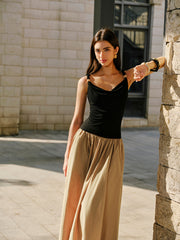 Linen & Cotton Panel Cowl Neck Metal Detail Sleeveless Dress