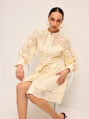 Semi-Sheer Lace Belted Dress