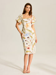 Floral Puff Sleeve Backless Dress