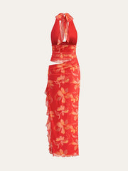 Semi-Sheer Ruffled Floral Halter Dress