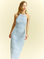Textured Ruffled Chiffon Halter Neck Maxi Dress