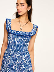 Semi-Sheer Embroidered Maxi Dress with Ruffled Trim