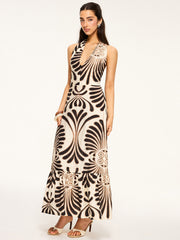 Printed Halter Backless Maxi Dress