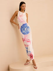 Semi-Sheer Ocean Print Maxi Dress with Slit