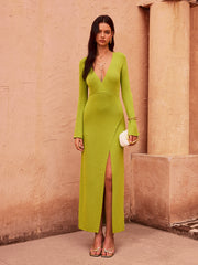 Plunge Neck Slit Midi Dress