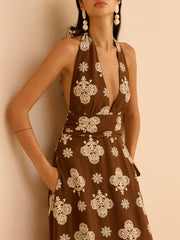 Floral Print Pocketed Halter Neck Maxi Dress