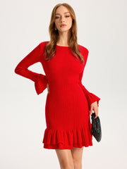 Wool Blend Knit Ruffled Flared Sleeve Mini Dress