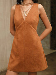 Suede Effect V-Neck Sleeveless Mini Dress