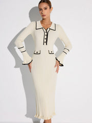 Contrast Trim Buttoned Ribbed Sweater Dress