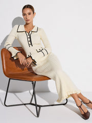 Contrast Trim Buttoned Ribbed Sweater Dress