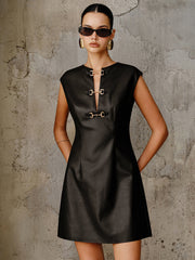 PU Leather Metal Buckle Sleeveless Mini Dress