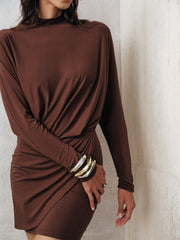 High-Neck Draped Batwing Sleeve Mini Dress