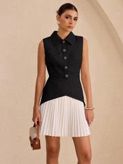 Sleeveless Collared Top Panel Pleated Skirt Mini Dress