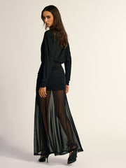 Turtleneck Long Sleeve Drape Ruched Mesh Dress