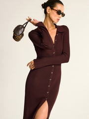 Metal Button Collar Ribbed Knit Midi Dress