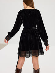 Velvet Belted Lace Trim Mini Dress