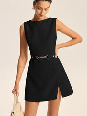 Tweed Slit Mini Dress with Detachable Belt