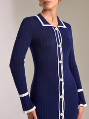 Contrast Trim Button Front Slim Fit Midi Dress